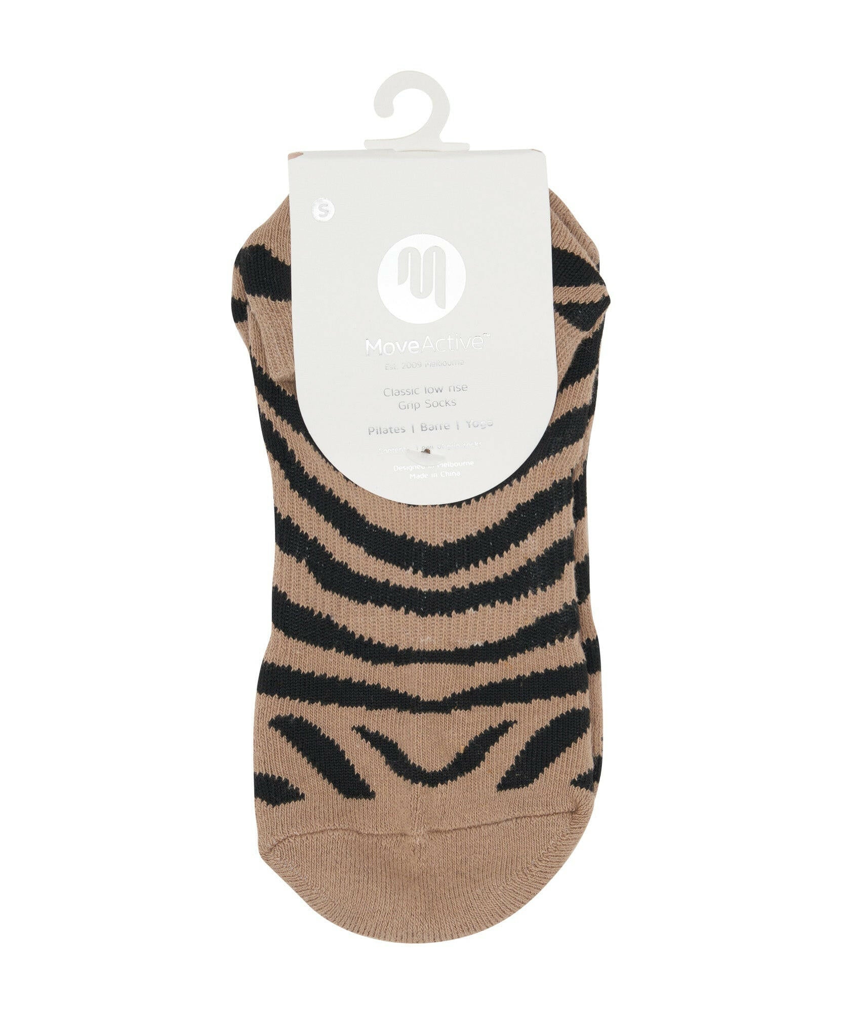 Fashionable and functional low rise grip socks with midnight zebra print