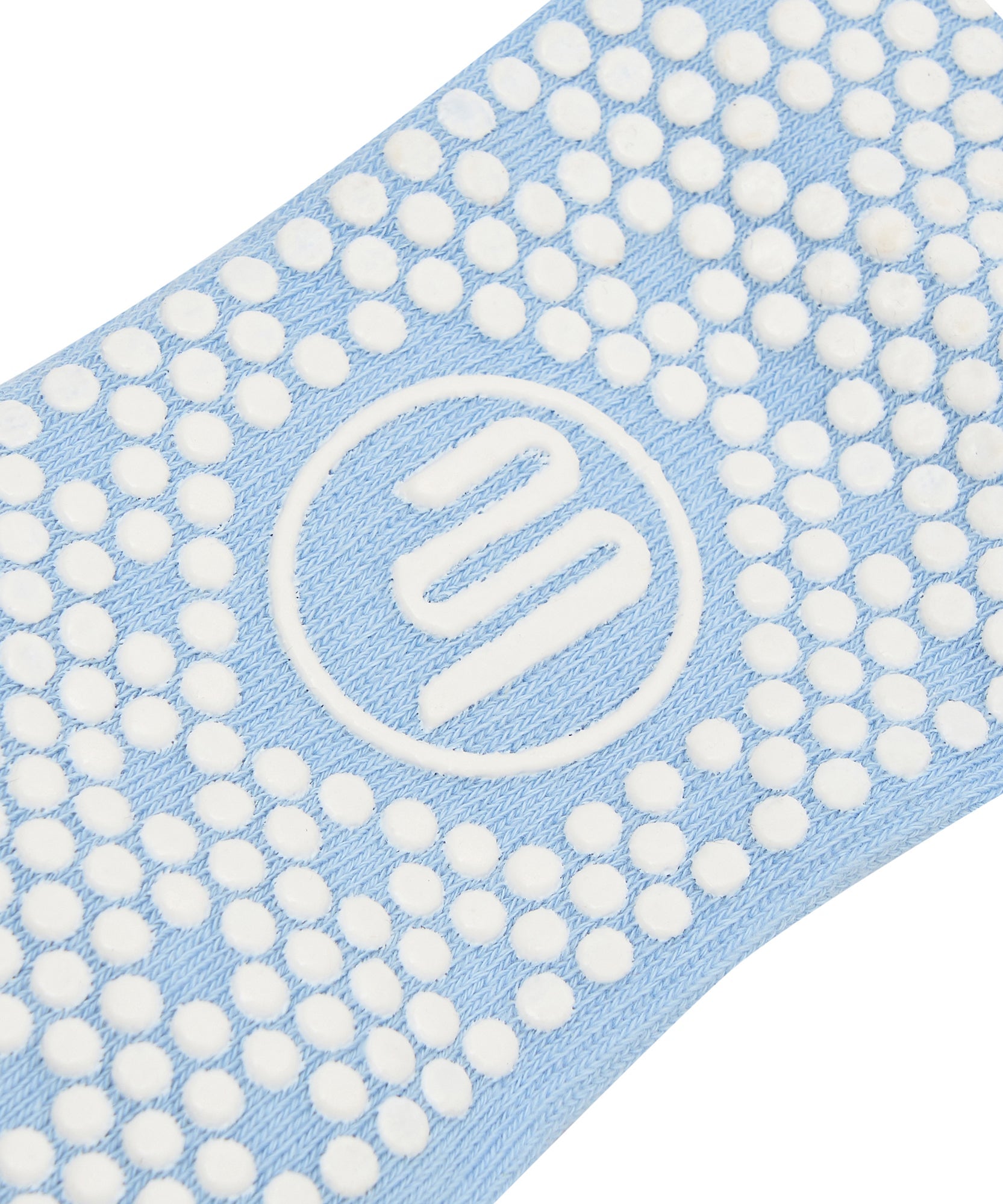 Powder blue striped non-slip grip socks with comfortable crew length design