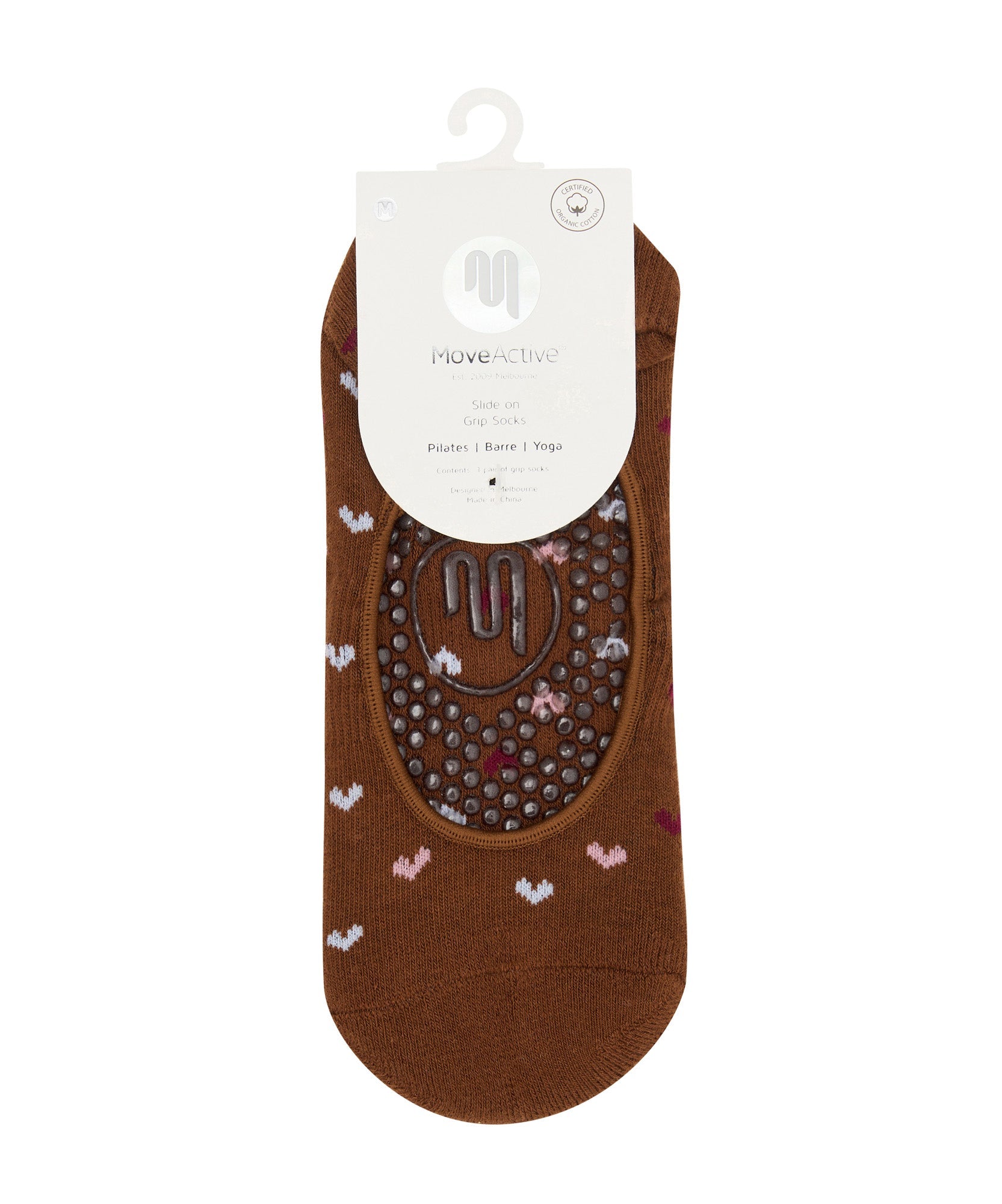Slide On Grip Socks - Hearts Aflutter Brown