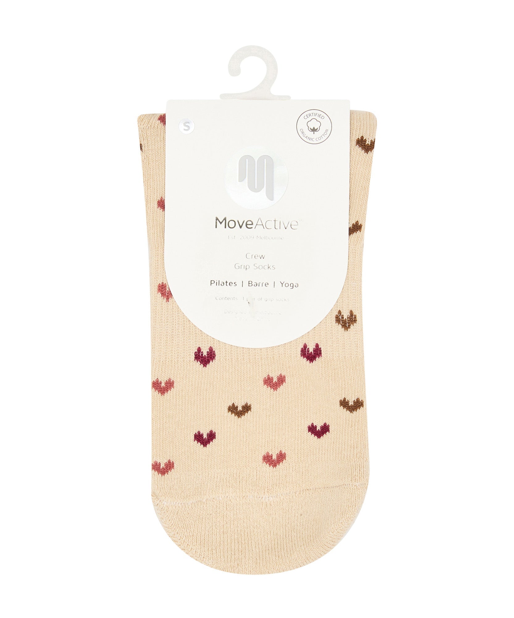Quarter Crew Non Slip Grip Socks - Hearts Aflutter Beige