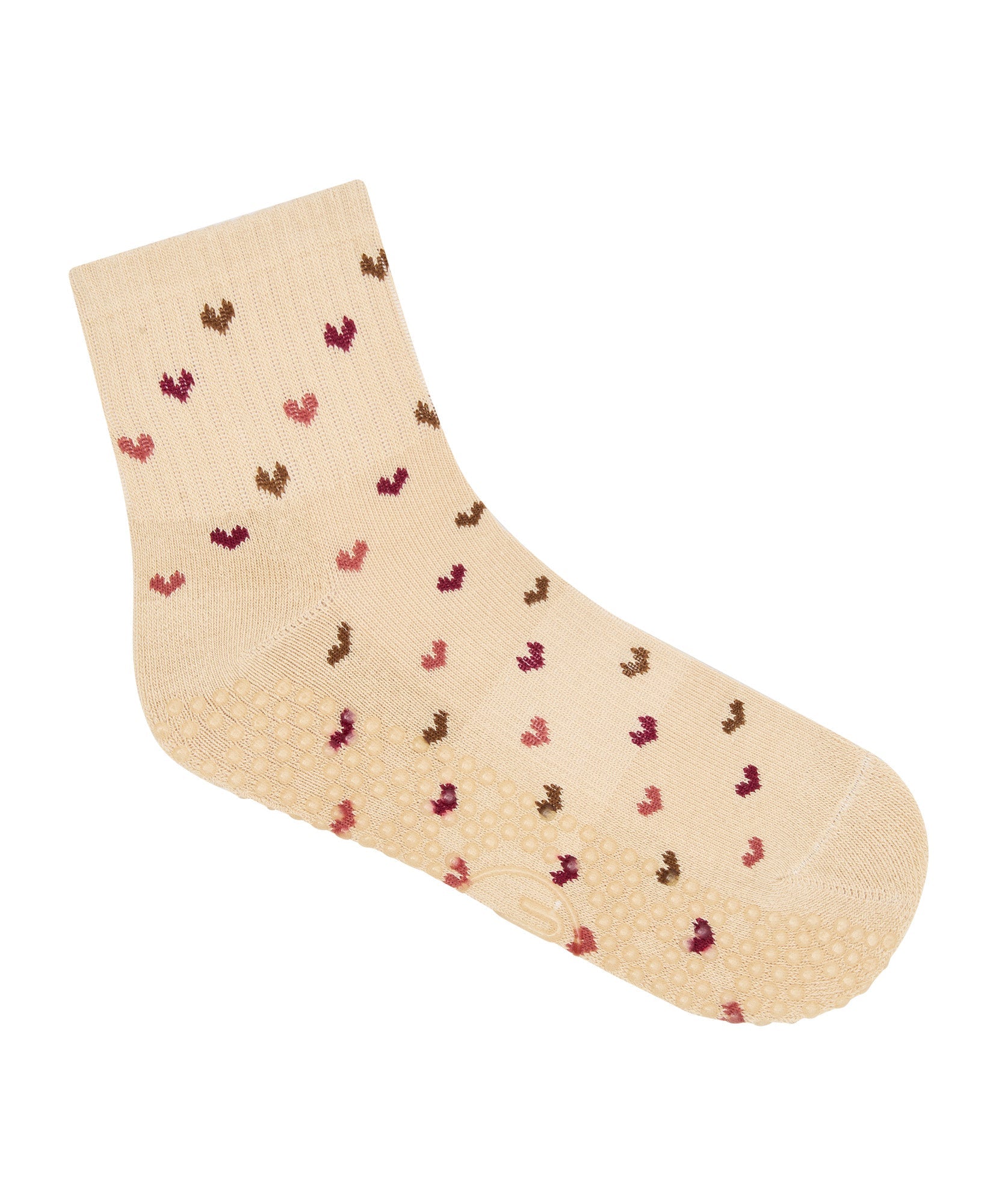 Quarter Crew Non Slip Grip Socks - Hearts Aflutter Beige