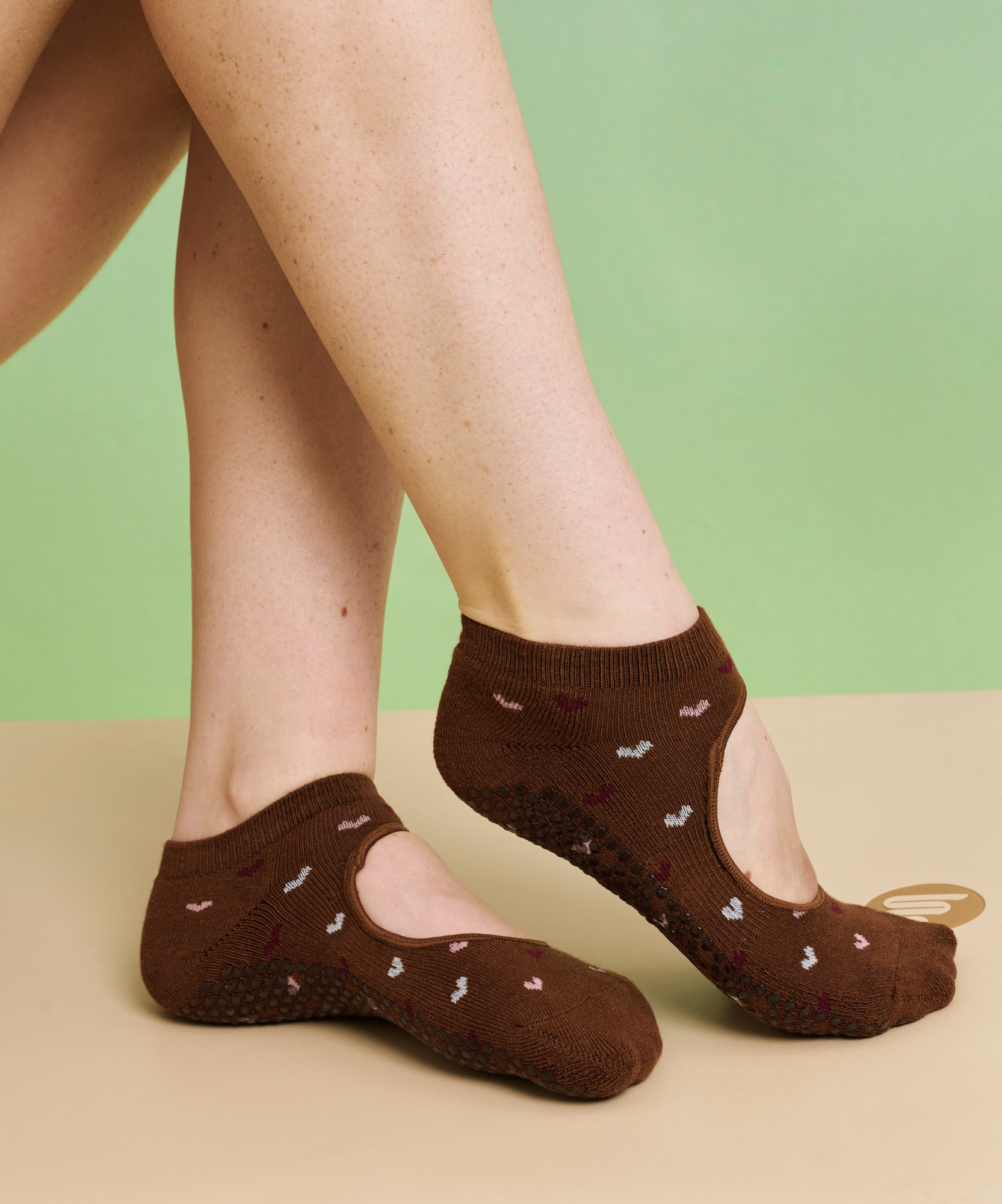 Slide On Grip Socks - Hearts Aflutter Brown