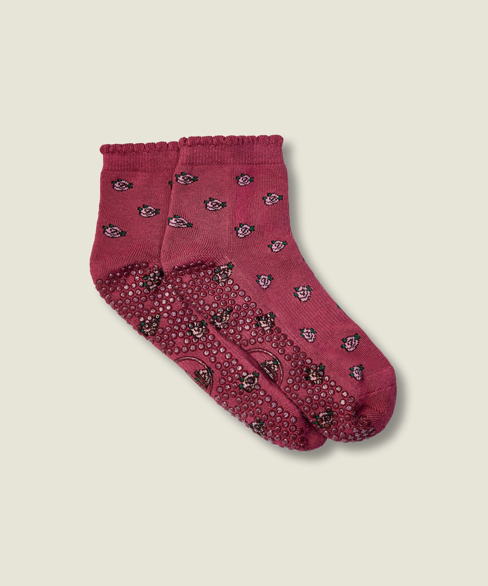Quarter Crew Non Slip Grip Socks - Wild Rose Berry