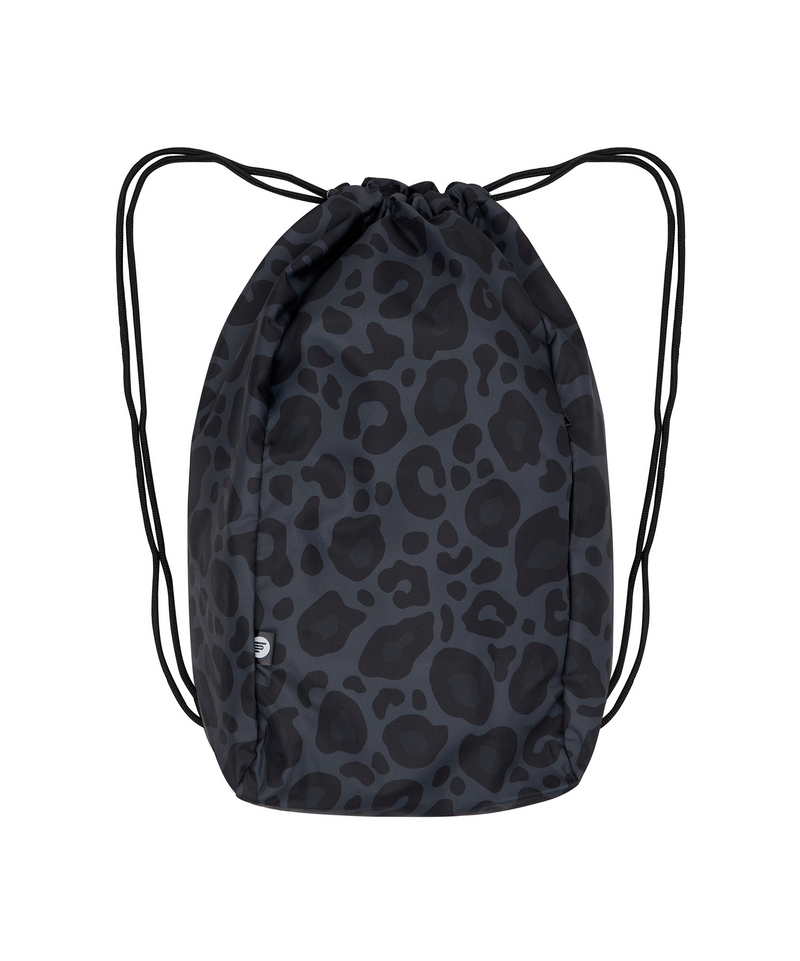 Cheetah print drawstring bag with black and gold accents