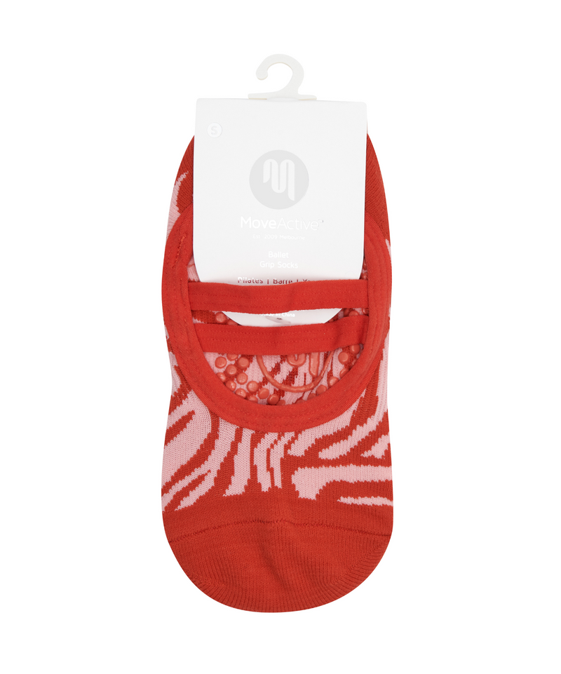 Burnt orange zebra patterned ballet non slip grip socks for women with added comfort