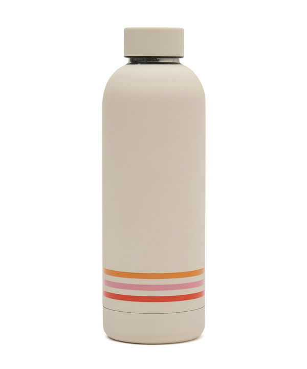 Reusable 500ml water bottle featuring vibrant 70s inspired stripes