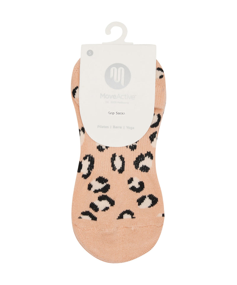 A close-up image of a pair of Classic Low Rise Grip Socks in a peach cheetah print, perfect for yoga and pilates workouts