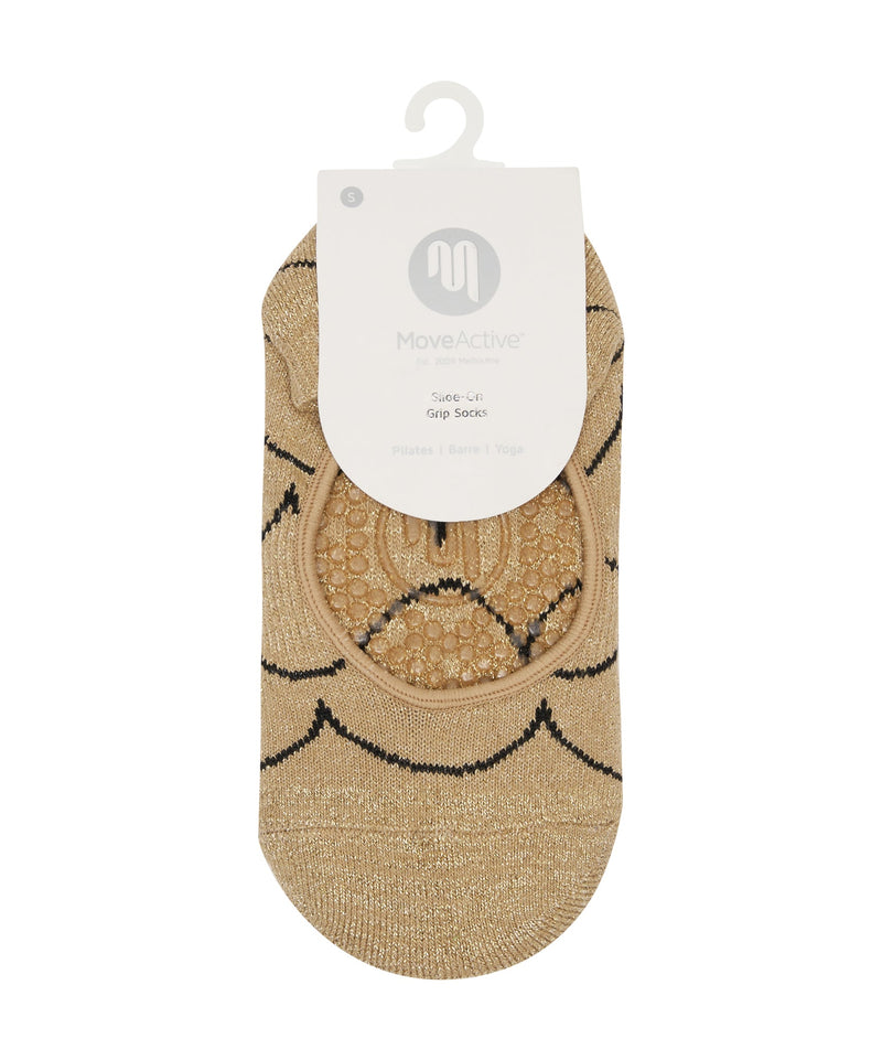 Pair of Slide On Non Slip Grip Socks in Scallop Gold for a fashionable and functional workout accessory