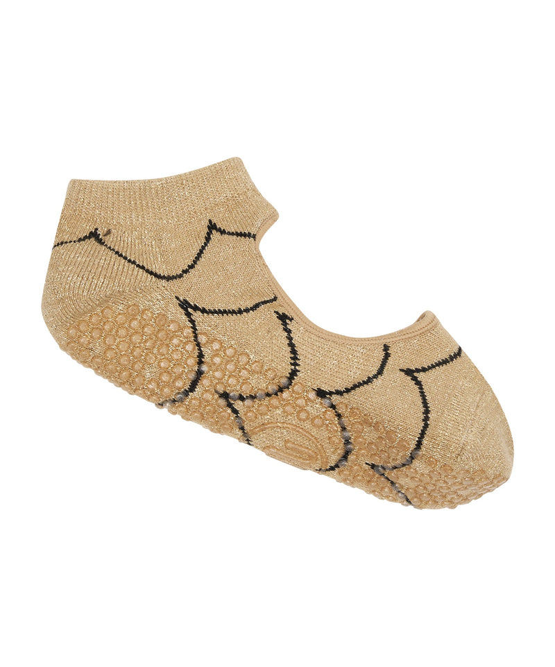 Slide On Non Slip Grip Socks in Scallop Gold for improved traction and stability during yoga and Pilates workouts
