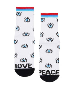 ###
Crew Non Slip Grip Socks with Love & Peace design for added traction and style