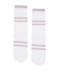 Lightweight Crew Non Slip Grip Socks with Ribbed Metallic Stripe in White and Rose
