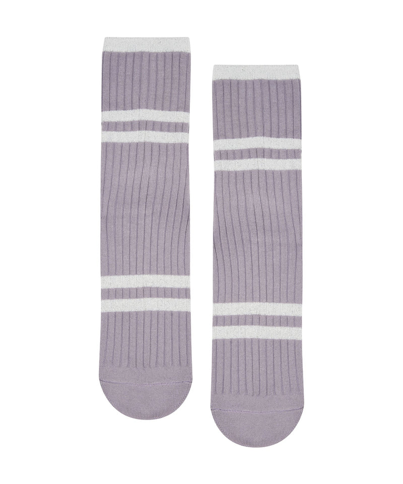 Lightweight crew non slip grip socks in purple dove with metallic ribbed stripes