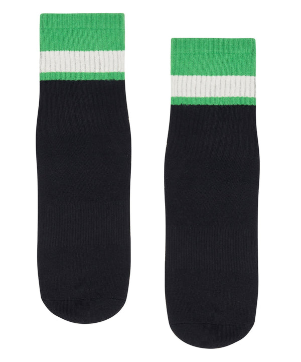 Men's crew non slip grip socks in black and green on white background