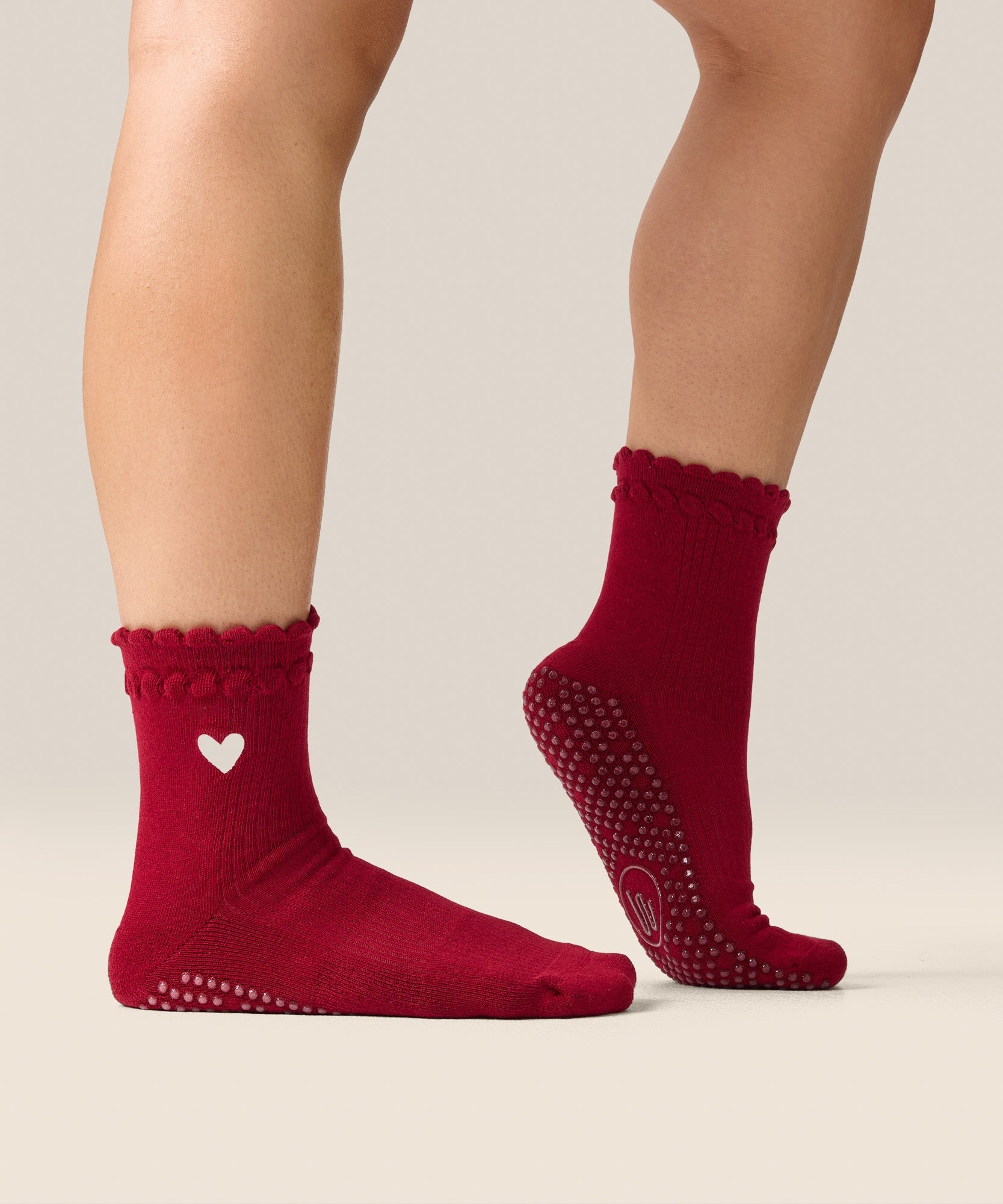 Crew Non Slip Grip Socks - Heart Ruffle Burgundy