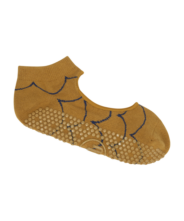 Slide On Non Slip Grip Socks in Scallop Mustard, perfect for yoga and pilates